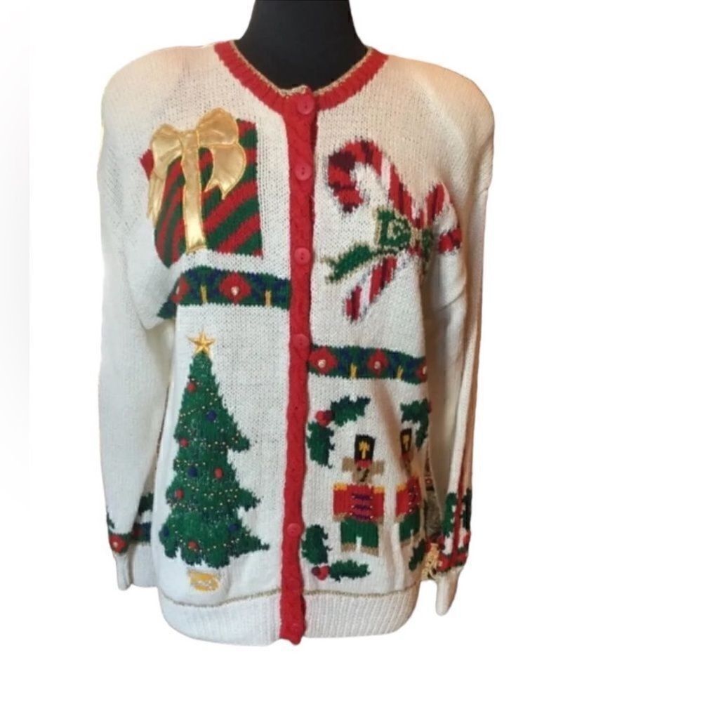 Maria Kristina UO Knitted by by Hand Button
Down Holiday Cardigan (Size Small)